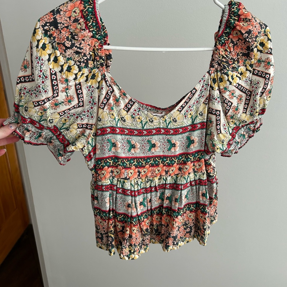 O'Neill Pink and Orange Smocked Peplum Blouse